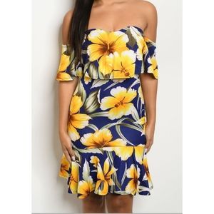 Navy floral off the shoulder ruffle hem dress